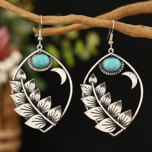 Vintage Turquoise Botanical Pattern Metal Distressed Earrings Ethnic Women's Jewelry, Earrings, color:As Picture|size:One-size, JustFashionNow