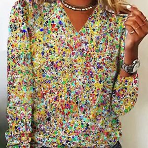 Loose V Neck Casual Abstract T-Shirt, T-Shirts, color:Multicolor|size:XXL, JustFashionNow