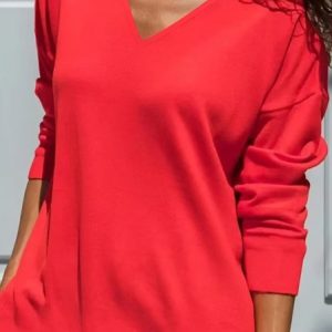 JFN V Neck Plain Autumn Casual Daily Loose T-shirt, T-Shirts, color:Red|size:XXL, JustFashionNow