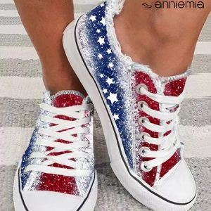 Independence Day Flag Print Raw Hem Lace-Up Canvas Shoes, Sneakers, color:As Picture|size:43, JustFashionNow