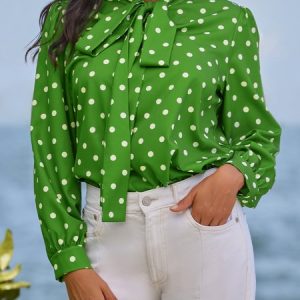 Green Loose Polka DotsLong sleeve  Elegant Stand H-Line Collar Top, Blouses and Shirts, color:Green|size:XXL, Stylewe