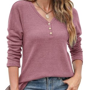 Casual Plain V Neck Long Sleeve T-shirt, T-shirts, color:Fuchsia|size:XXL, Noracora