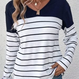 Casual Striped V Neck Long Sleeve T-shirt, T-shirts, color:Navy Blue|size:XXL, Noracora