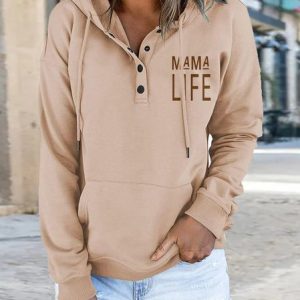 Casual Hoodie Text Letters Hoodie Buckle, Hoodies & Sweatshirts, color:Khaki|size:3XL, Noracora