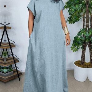 Crew Neck Denim Casual Plain Loose  Pockets Dress, Maxi Dresses, color:Light Blue|size:XXL, Stylewe