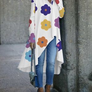 Regular Size Shirt Collar Loose Floral Casual Blouse, Blouses and Shirts, color:White|size:XXL, Stylewe