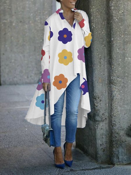 Regular Size Shirt Collar Loose Floral Casual Blouse, Blouses and Shirts, color:White|size:XXL, Stylewe