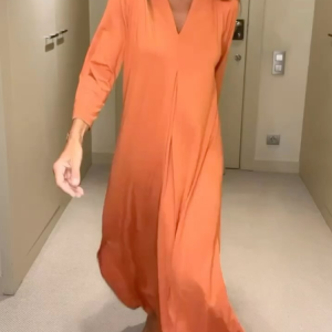 V Neck Plain Regular Fit Casual Dress, Dresses, color:Orange|size:XXL, JustFashionNow