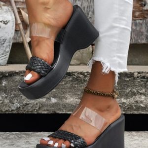 Black Woven Leather Transparent PVC Wedge Platform Sandals, Sandals, color:Black|size:42, Noracora