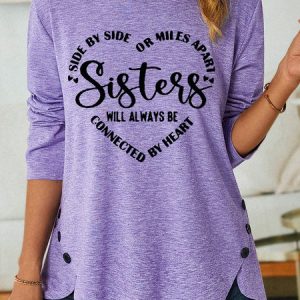 Women's Sister Text Letters Heart Cotton-Blend Long Sleeve Top, Long sleeves, Lilicloth.com