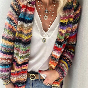 Women's Rainbow Striped Sweater Pocket Design Knit Cardigan, Sweaters, color:Multicolor|size:XXL, JustFashionNow