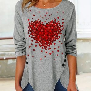 Casual Heart/Cordate Crew Neck Buttoned Loose T-Shirt, T-Shirts, color:Light Gray|size:XXL, JustFashionNow