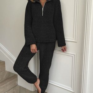 Plain Plush Casual Two-Piece Set, Tops, color:Black|size:XXL, JustFashionNow