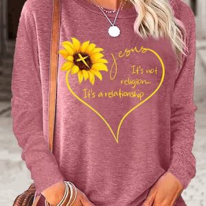 Women's Jesus Letter Sunflower Print Casual Crew Neck Top, color:Pink|size:3XL, Lilicloth.com