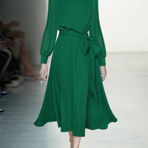 Elegant Regular Fit Plain Long Sleeve Midi Dress, Maxi Dresses, color:Green|size:XS, Stylewe