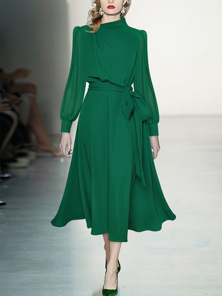 Elegant Regular Fit Plain Long Sleeve Midi Dress, Maxi Dresses, color:Green|size:XS, Stylewe