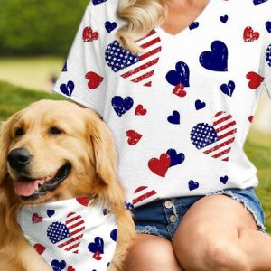 Women's Cute Dog Lover America Flag Casual Loose Matching T-Shirt, color:White|size:3XL, Lilicloth.com