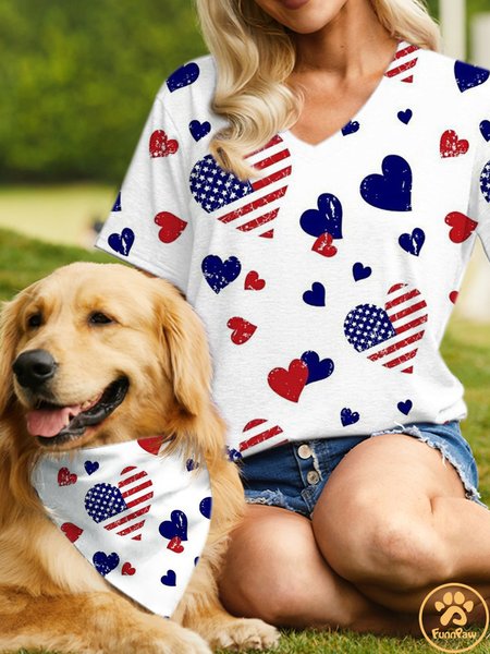 Women's Cute Dog Lover America Flag Casual Loose Matching T-Shirt, color:White|size:3XL, Lilicloth.com