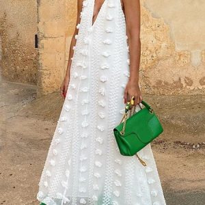 Vacation Plain Jacquard V Neck Dress, Maxi Dresses, color:White|size:XS, Stylewe