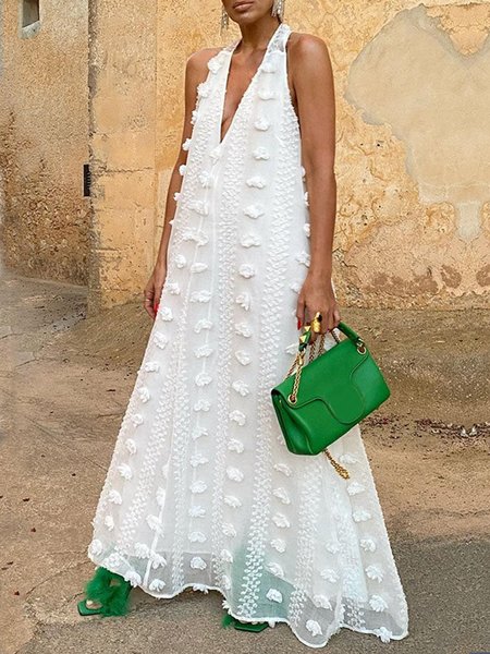 Vacation Plain Jacquard V Neck Dress, Maxi Dresses, color:White|size:XS, Stylewe