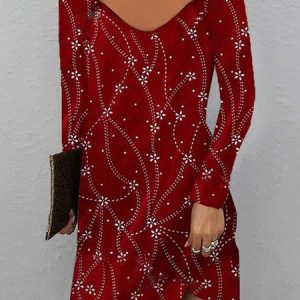 Women Floral Sweetheart Neckline Long Sleeve Comfy Casual Midi Dress, Dresses, color:Red|size:XXL, Noracora