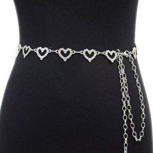 Heart Rhinestone Silver Gold Metal Chain Women's Belt Waist Chain, Belts, color:Silver|size:One-size, Stylewe