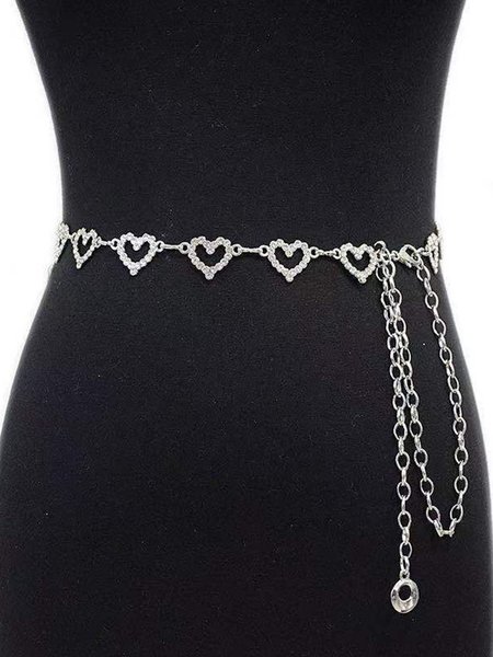 Heart Rhinestone Silver Gold Metal Chain Women's Belt Waist Chain, Belts, color:Silver|size:One-size, Stylewe