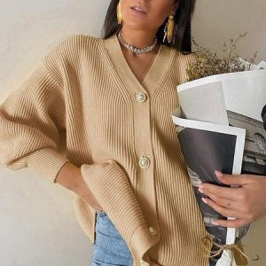 Women Plain Long Sleeve Comfy Casual Buckle Cardigan, Cardigans, color:Camel|size:One-size, Noracora