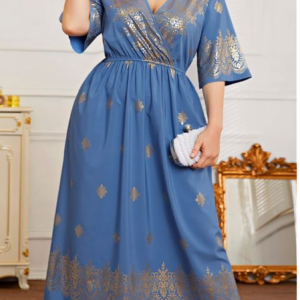 Plus Size Casual Ethnic V Neck Dress, Dresses, color:Blue|size:4X, JustFashionNow