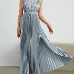 V Neck Plain Regular Fit Party Wedding Guest Dress, Maxi Dresses, color:Silver|size:XXL, Stylewe