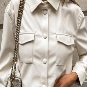 Shawl Collar Long Sleeve Plain Buckle Regular Loose Pilot Leather & Faux Leather For Women 2023, Jackets, color:White|size:XL, Noracora
