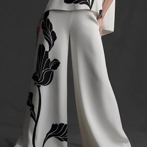Floral Elegant Fashion Wide Leg Pants, Pants, color:Off White|size:XXL, Stylewe