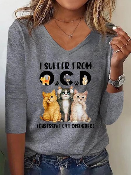 I Suffer From Ocd Obsessive Cat Disorder Casual T-Shirt, T-Shirts, color:Gray|size:XXL, JustFashionNow
