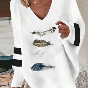 Casual V Neck Feather Sweatshirt, Hoodies & Sweatshirts, color:White|size:XXL, Noracora
