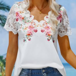 Lace Edge Elegant V Neck Shirt, Shirts & Blouses, color:White|size:XXL, JustFashionNow