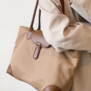 Oxford Tarp Panel Fold-in Pocket Tote, Women's Bags, color:Coffee|size:One-size, JustFashionNow