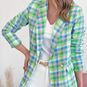 Plaid Buckle Casual Loose Blazer, Blazers, color:Blue|size:XXL, JustFashionNow