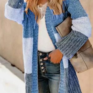Women Yarn/Wool Yarn Color Block Long Sleeve Comfy Casual Cardigan, Cardigans, color:Blue|size:3XL, Noracora