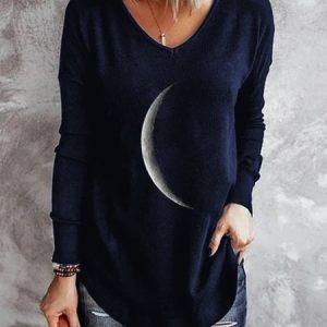 Moon Printed V Neck Casual Long Sleeve Shift Top, Long sleeves, Lilicloth.com