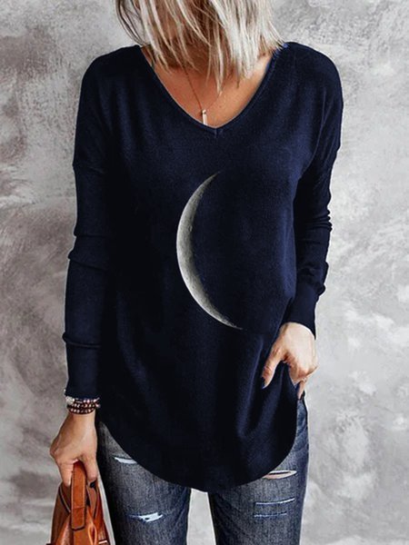 Moon Printed V Neck Casual Long Sleeve Shift Top, Long sleeves, Lilicloth.com