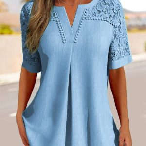 Loose Casual Plain V Neck Shirt, Shirts & Blouses, color:Light Blue|size:XXL, JustFashionNow