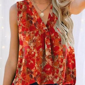Bright Red Print Sleeveless Tank Top, Tanks & Camis, color:Red|size:XXL, JustFashionNow