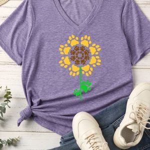 Women's Paws Print Sunflower Matching V Neck T-Shirt, color:Purple|size:XXL, Lilicloth.com