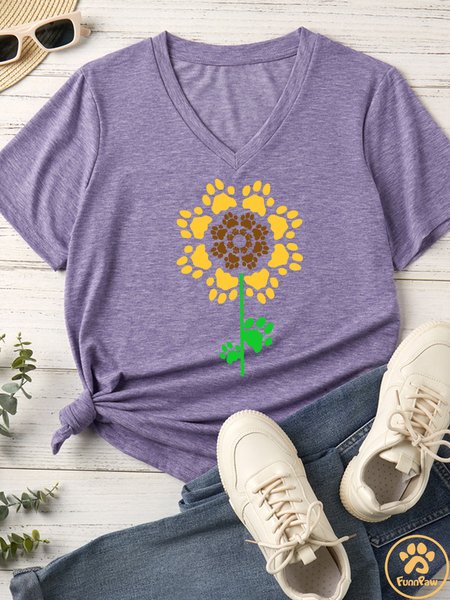 Women's Paws Print Sunflower Matching V Neck T-Shirt, color:Purple|size:XXL, Lilicloth.com