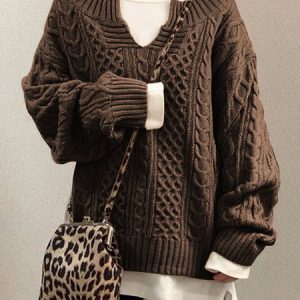 Long Sleeve Vintage Sweater, Sweaters, color:Coffee|size:XXL, Noracora