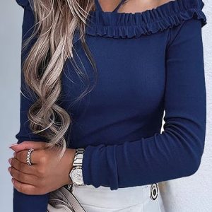 Cold Shoulder Off Shoulder Sleeve Long Sleeve Plain Regular Medium Elasticity Regular Fit Shirt For Women, Blouses, color:Blue|size:3XL, Noracora
