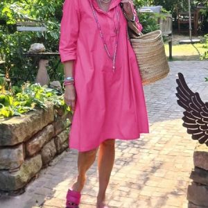 Casual Plain Regular Fit No Elasticity Dress, Midi Dresses, color:Pink|size:XXL, Stylewe