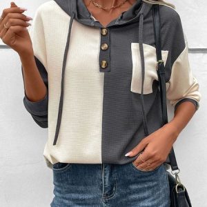 Loose Color Block Buckle Casual Hoodie Sweatshirt, Sweatshirts & Hoodies, color:Gray|size:XXL, JustFashionNow