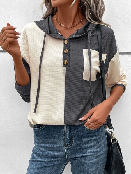 Loose Color Block Buckle Casual Hoodie Sweatshirt, Sweatshirts & Hoodies, color:Gray|size:XXL, JustFashionNow