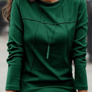 Women's Casual Plain Crew Neck Long Sleeve T-Shirt, T-Shirts, color:Green|size:XXL, JustFashionNow